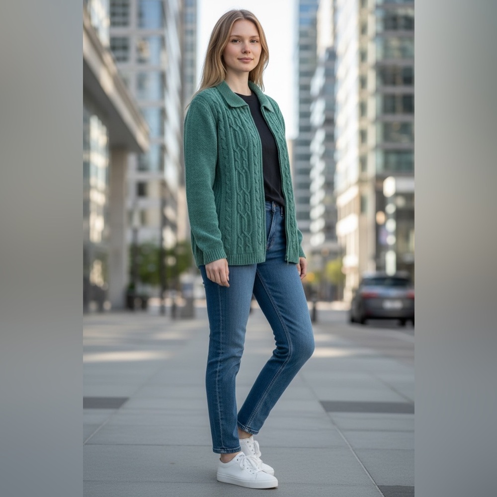 #498!Alfred Dunner Teal Cable Knit Cardigan